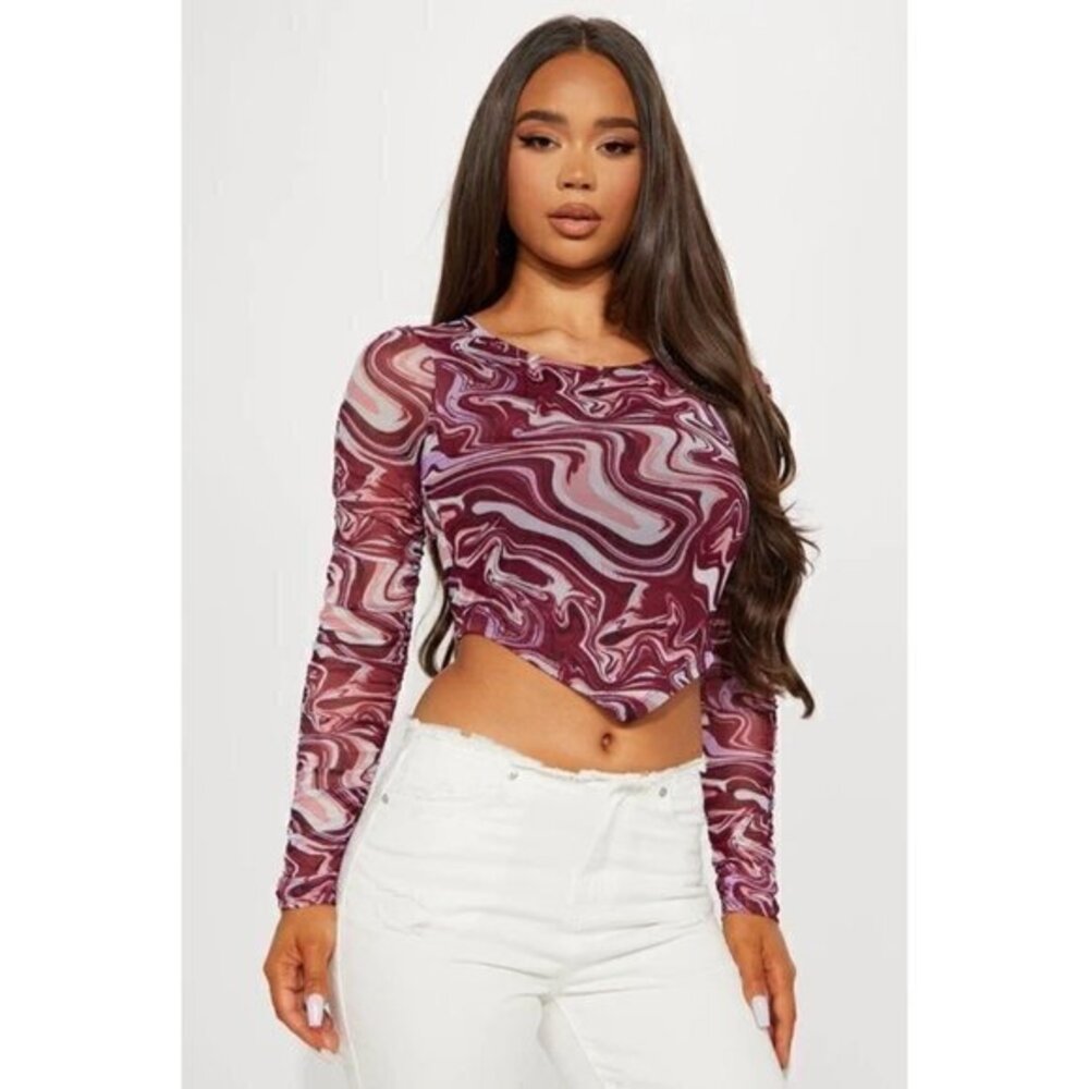 Crave Fame‎ Abstract Print Asymmetrical Mesh Top Wine Stretch Size Large RefFNB